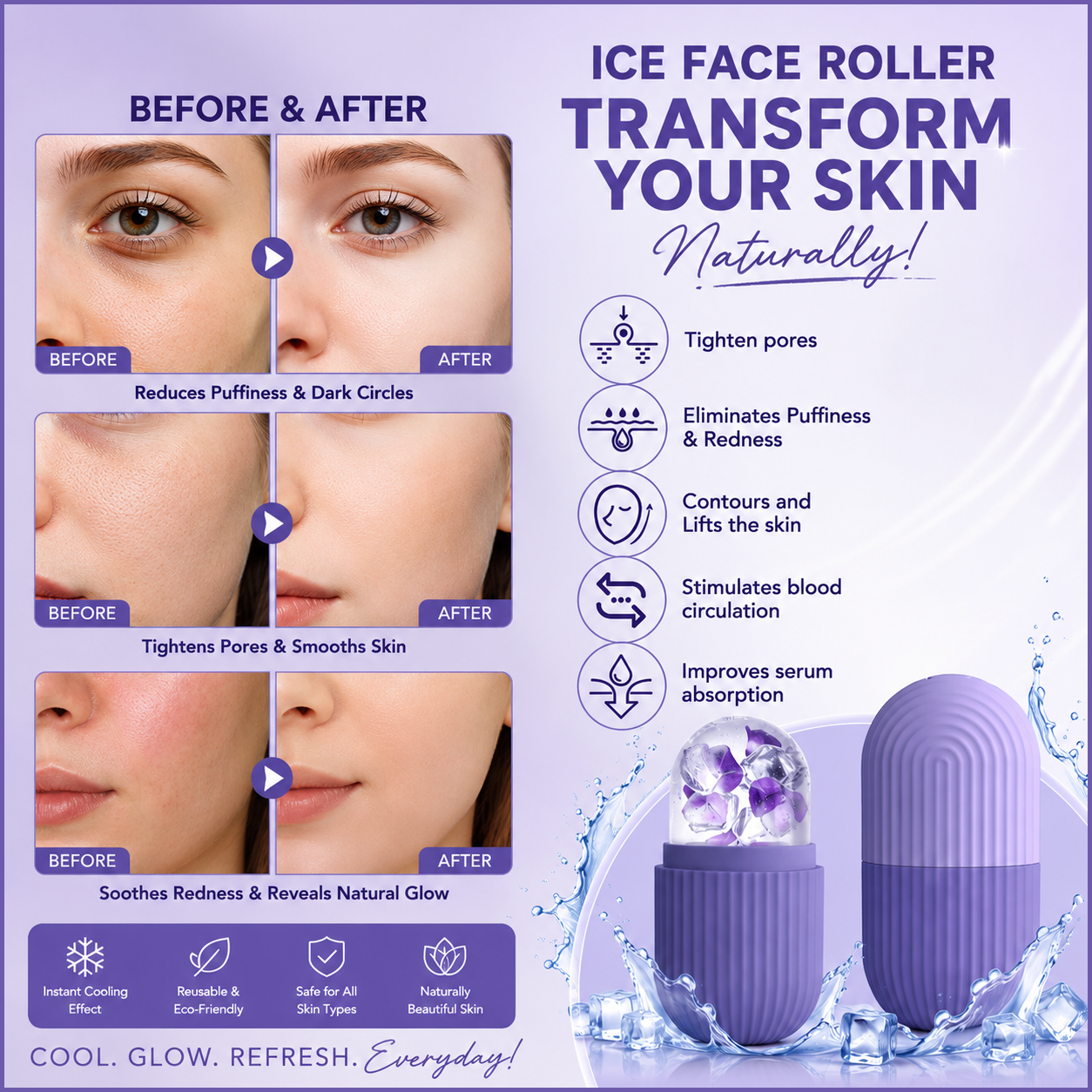 Reusable Silicone Ice Face Roller & Facial Massager | Dark Circle Remover
